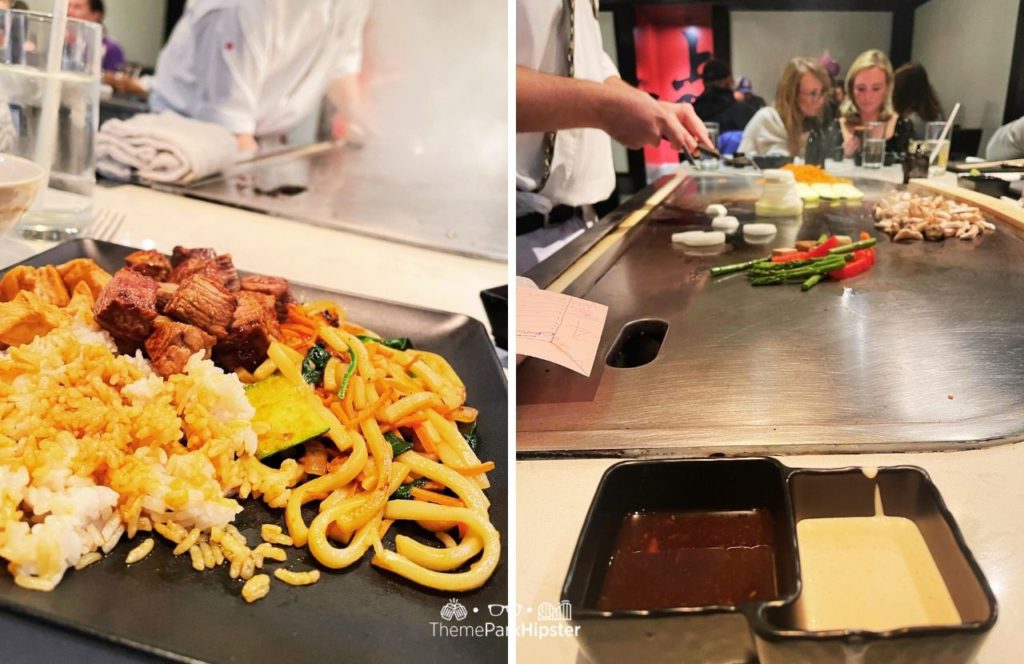 2024 Epcot Festival of the Arts Disney World Teppan Edo Hibachi in Japan Pavilion Rice steak chicken and noodles. One of the best sushi spots in Disney World.