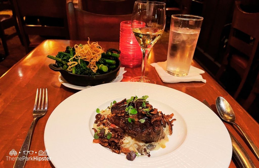 Epcot Theme Park Disney World Canada Pavilion Le Cellier Steakhouse Filet Mignon with Broccoli. One of the best restaurants at Walt Disney World.