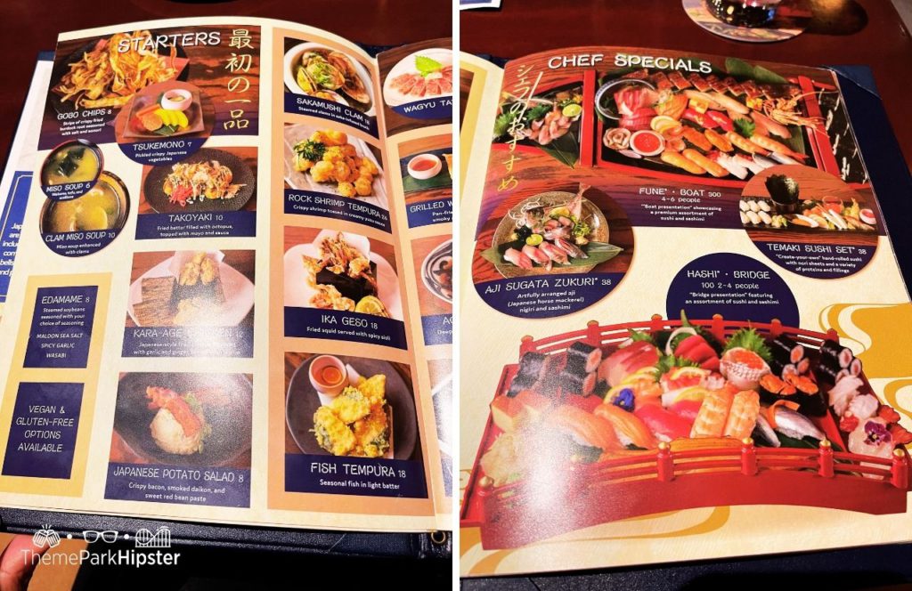 Epcot Theme Park Disney World Shiki-Sai Sushi Izakaya restaurant in Japan Pavilion Menu. One of the best restaurants at Epcot.