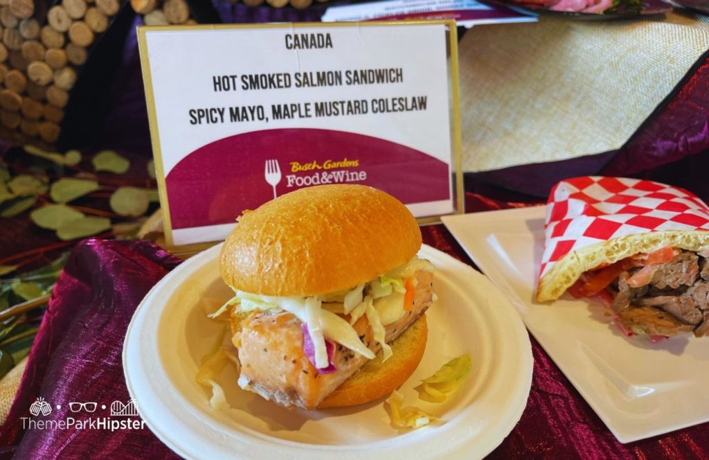 Busch Gardens Tampa 2024 Food and Wine Festival Canada Salmon Sandwich and Beef Gyro. One of the best things to eat at Busch Gardens Food and Wine Festival.