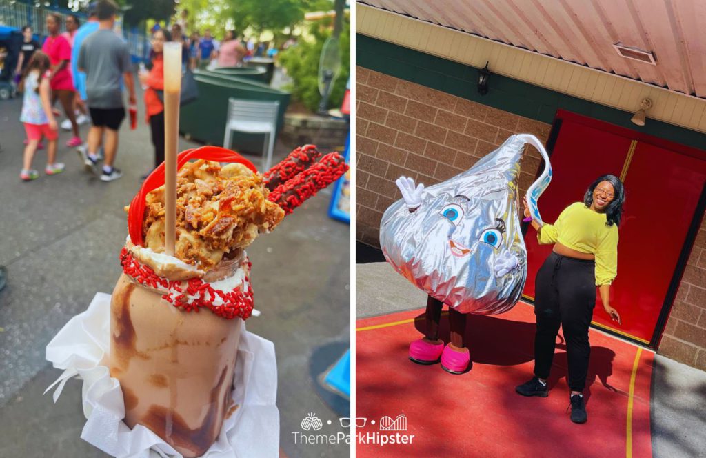 Hersheypark Giant Chocolate Milkshake with Waffle Bacon and Victoria Wade with Character Meet and Greet. One of the best things to do in Hersheypark.