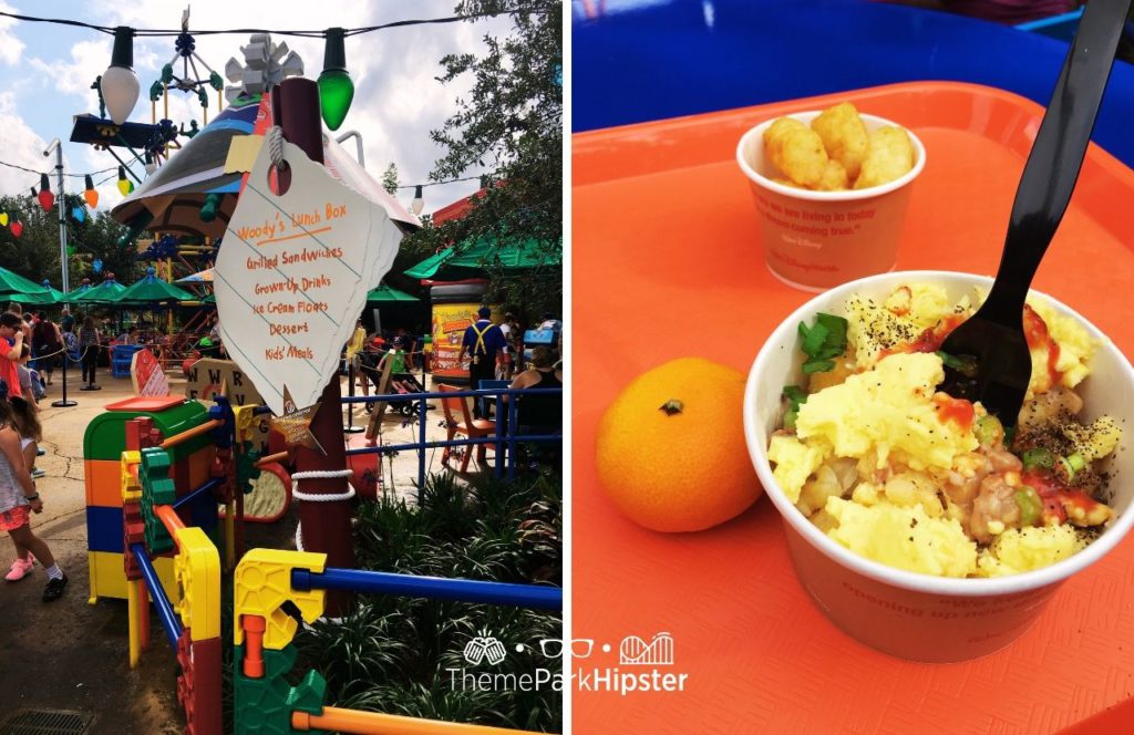 Disney Hollywood Studios Toy Story Land Woody's Lunch Box Mobile Order Tater Tots with Eggs and Scallions. One of the best counter service restaurants at Hollywood Studios.