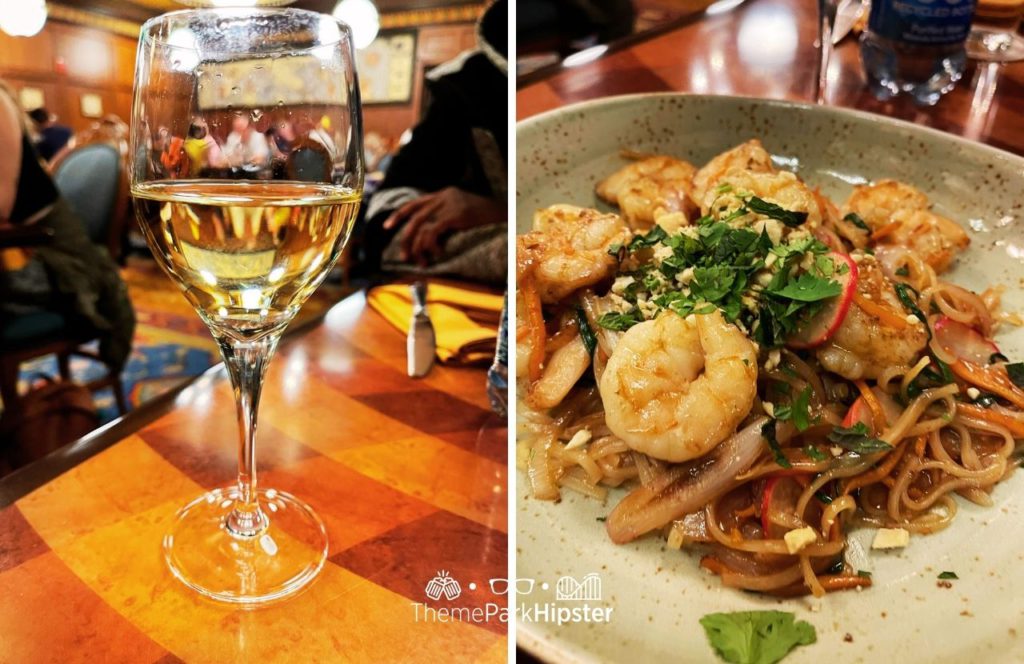 Disney Magic Kingdom Park Adventureland Skipper Canteen Restaurant Nile Nellie's Noodle Bowl and White Wine. One of the best restaurants at Walt Disney World.