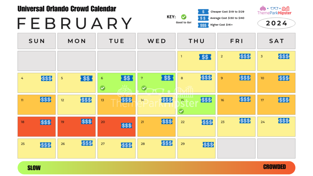 Islands of Adventure and Universal Studios Orlando Crowd Calendar February 2024