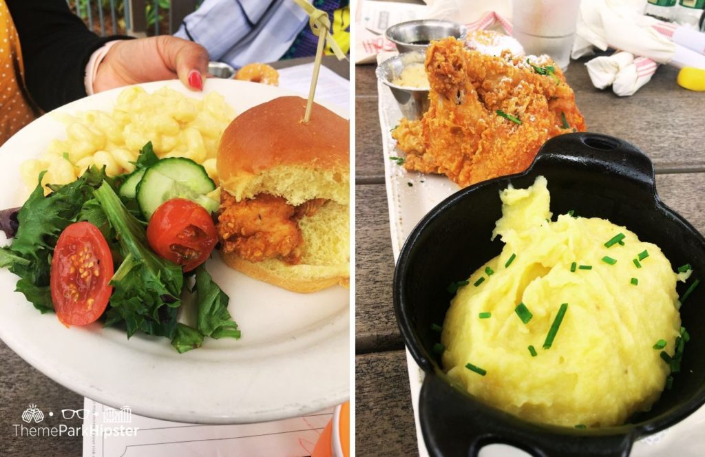 Walt Disney World Disney Springs Chef Art Smith's Homecomin Restaurant Fried Chicken Sandwich with Chips and Mashed Potatoes