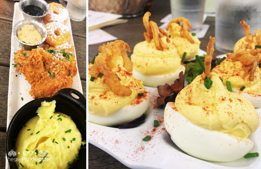 Walt Disney World Disney Springs Chef Art Smith's Homecomin Restaurant Mashed Potatoes with Fried Chicken and Doughnuts and Deviled Eggs. One of the best restaurants at Walt Disney World.