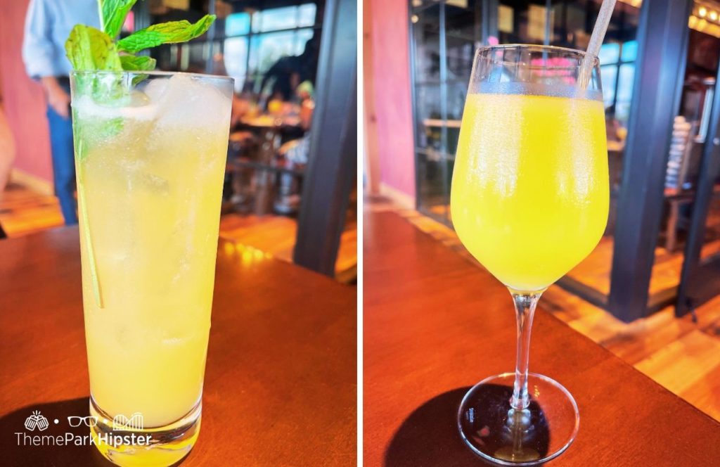 Walt Disney World Disney Springs Wine Bar George Restaurant Dole Whip Pineapple Mimosa. One of the best drinks at Disney Springs and the best adult beverages at Walt Disney World!