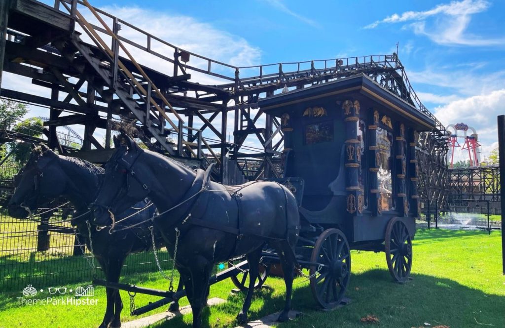 Cedar Point Amusement Park Ohio Frontier Town Cedar Creek Mining Company Roller coaster and Horse Carriage Halloweekends Decor