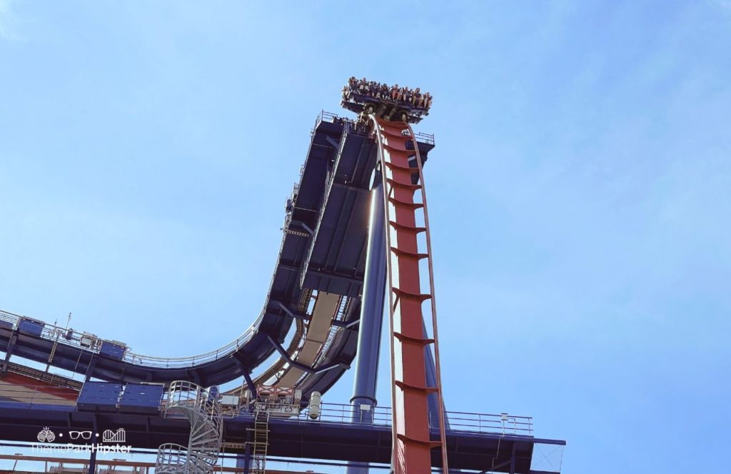 Cedar Point Amusement Park Ohio Valravn Drop Roller Coaster with riders dangling in the air. One of the best rides at Cedar Point.