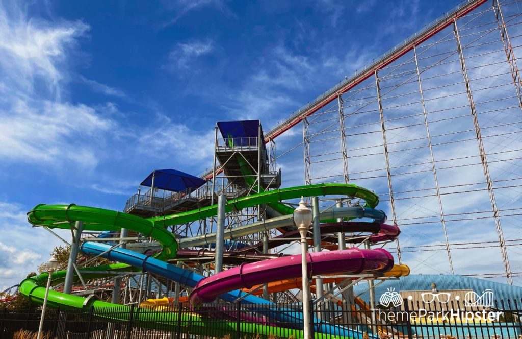 Cedar Point Ohio Magnum XL 200 roller coaster and Cedar Point Shores colorful water park slides