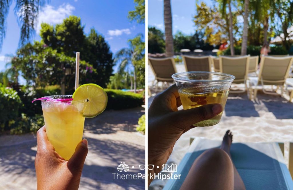 Macho Margarita and White Wine on Beach Discovery Cove All Inclusive Water Park at SeaWorld Orlando. Keep reading to find out more about Discovery Cove at SeaWorld Orlando.