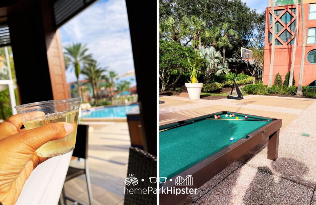 Poolside bar The Cabana with white wine and pool table Swan and Dolphin Resort Hotel at Walt Disney World. Keep reading to find out more about Walt Disney Swan and Dolphin Resort.