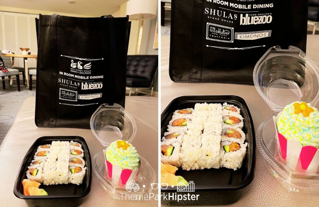 Sushi in room services from kimonos and a cupcake Swan and Dolphin Resort Hotel at Walt Disney World