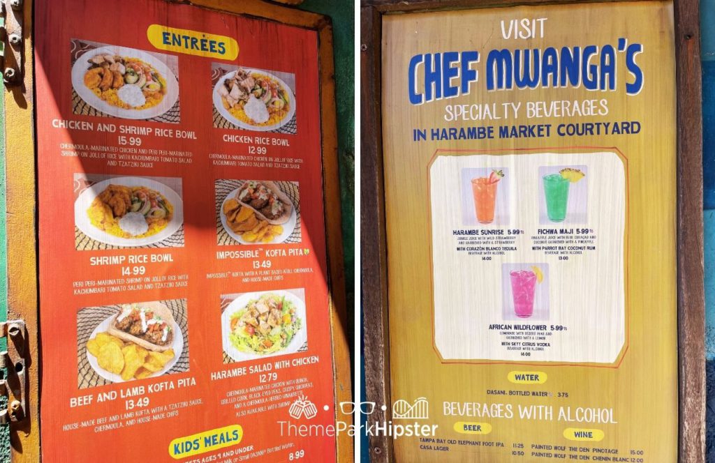 Africa Harambe Market Village Menu and Chef Mwanga's Cocktail Drinks Disney Animal Kingdom Theme Park