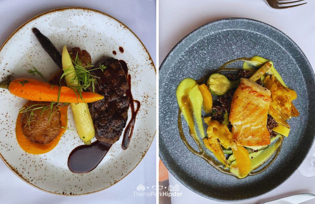 Beef Filet with Carrots and Florida Black Grouper at California Grill Restaurant at Disney World's Contemporary Resort. Keep reading to learn more about where to eat for the best Disney World Restaurants.