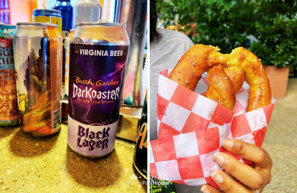 German Pretzels & Beer with Darkoaster Black Lager and giant pretzel at Busch Gardens Williamsburg, Virginia. Keep reading to find out all you need to know about visiting Busch Gardens in Williamsburg Virginia.