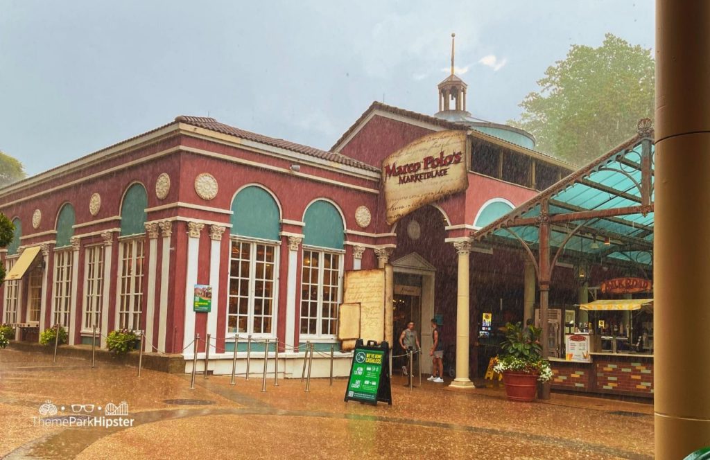 Marco Polo's Marketplace in Italy Area on a rainy day at Busch Gardens Williamsburg, Virginia. Keep reading to find out all you need to know about going to Busch Gardens Williamsburg, Virginia.