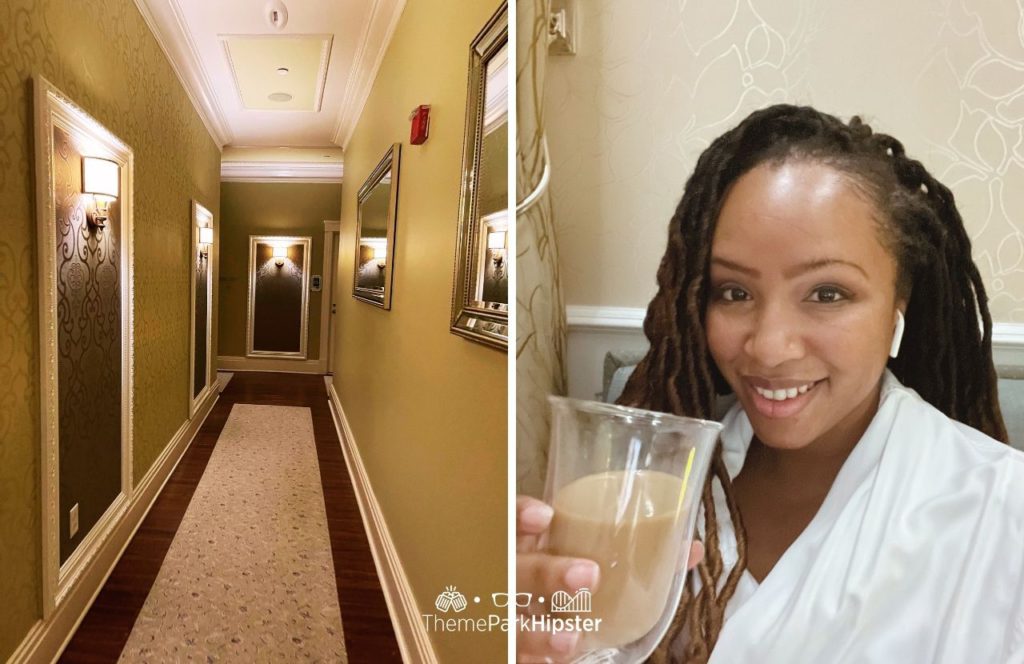 NikkyJ relaxing with coffee in Spa at Disney Grand Floridian Resort. One of the best spas at Disney World.