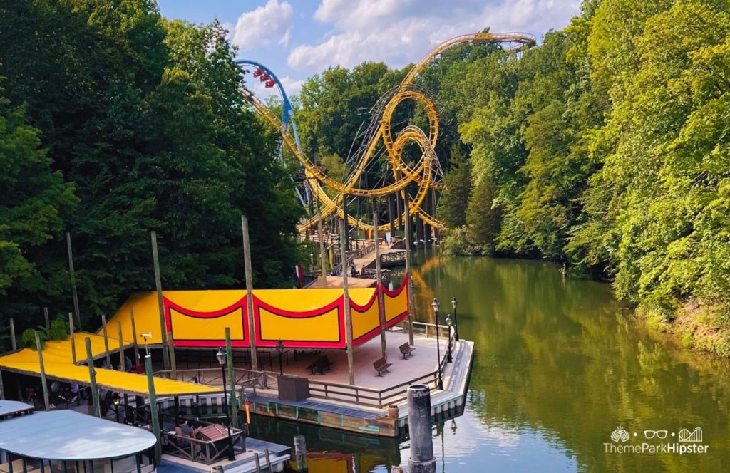 Rhine River Tour with Griffon and Loch Ness Roller Coaster in the background at Busch Gardens Williamsburg, Virginia. Keep reading to learn more about the best tips for visiting Busch Gardens Williamsburg, Virginia.