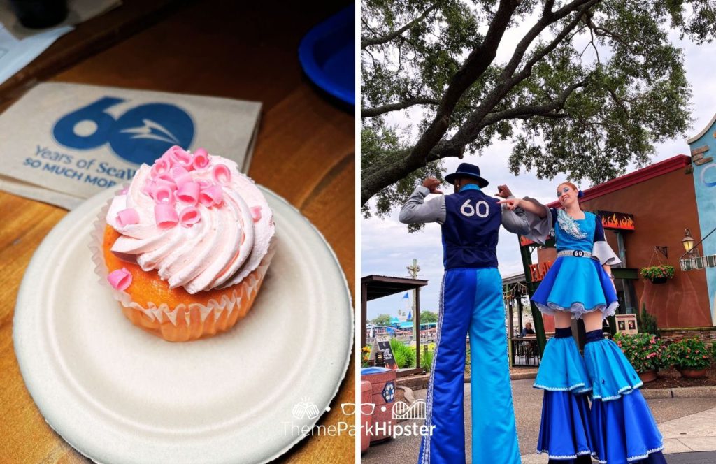 SeaWorld Orlando Resort Seafire Grill All Day Dining Strawberry Cupcake with Stilt walkers. One of the Foods at SeaWorld Orlando and The Best Things to EAT.