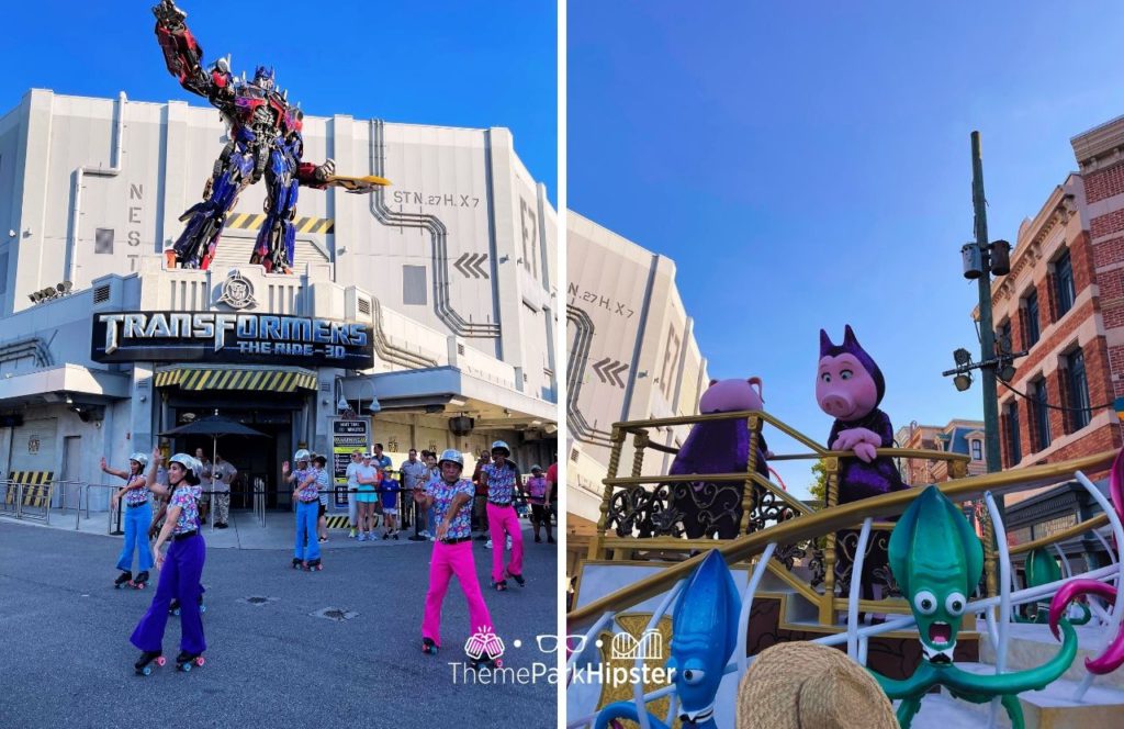 Sing Pigs in front of Transformers Ride at Universal Mega Movie Parade at Universal Studios Florida